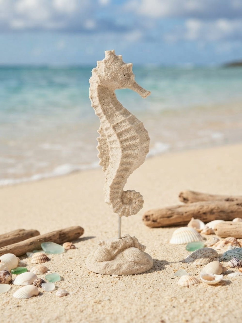Vintage Seashell Sandstone Seahorse Sculpture - Neutral Beach Decor